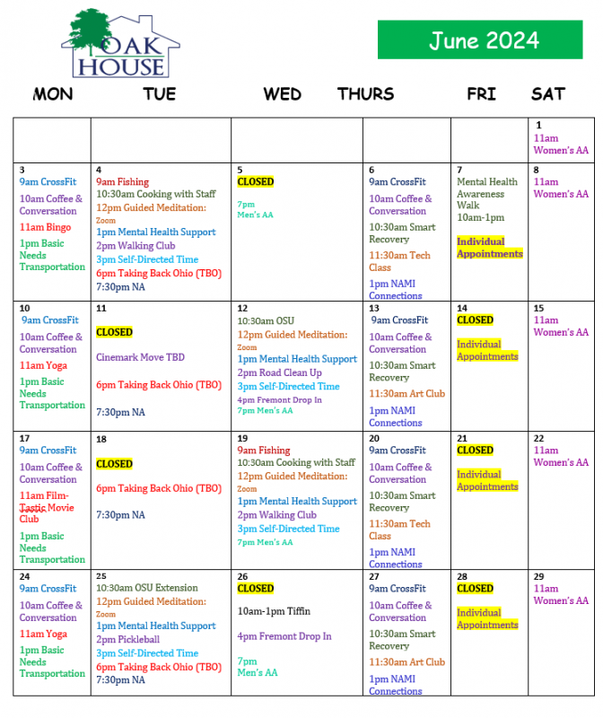 June Oak House Calendar